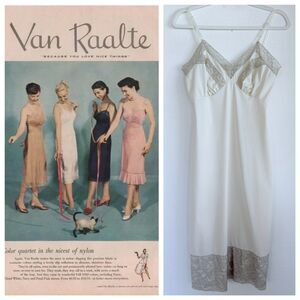 Vintage 1958 Van Raalte Women's Suavette Nylon Lace Lingerie Slip Ivory & Taupe